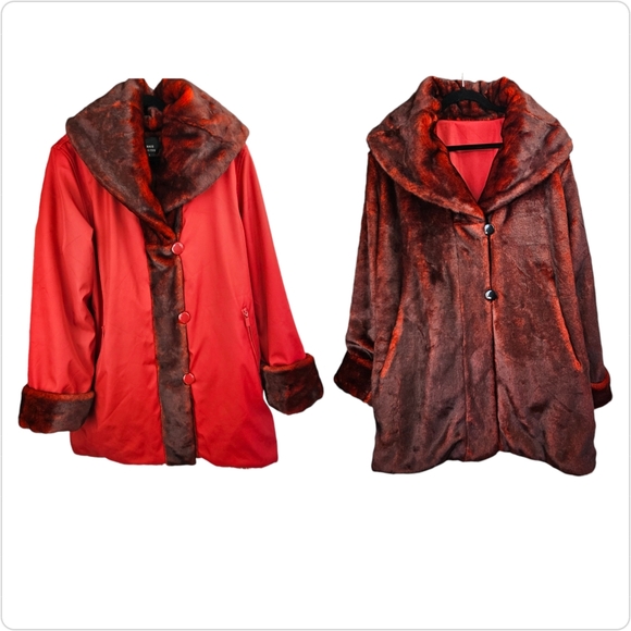 dennis basso Jackets & Blazers - Dennis Basso Women's Reversible Burgundy Faux Fur/Red Parka Coat Size L